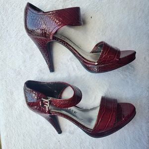 Women's Brick Red Platform Sandal Heels Faux Crocodile Alligator Leather Paula